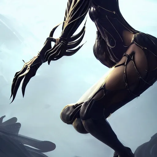 Image similar to beautiful and stunning giant prime female warframe, doing an elegant pose over you, you looking up at her from the ground pov shot, unaware of your existence, slick elegant design, sharp claws, detailed shot legs-up, highly detailed art, epic cinematic shot, realistic, professional digital art, high end digital art, DeviantArt, artstation, Furaffinity, 8k HD render, epic lighting, depth of field