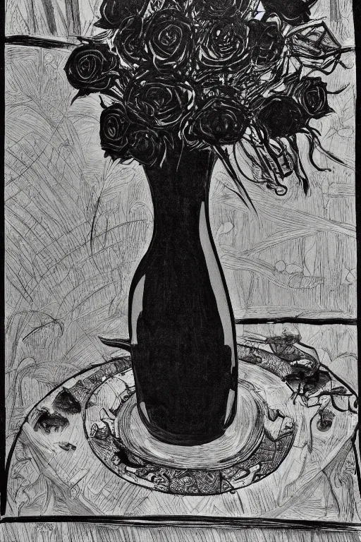 Prompt: a vase of black roses on a table with an ornate patterned tablecloth, in the style of moebius, photorealistic, painted by wassily kandinsky and hr giger and georgia okeeffe, moody lighting, black and white charcoal illustration