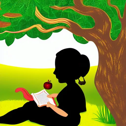 Prompt: shadow puppet style. girl reading a book under an apple tree in summer. fine detail