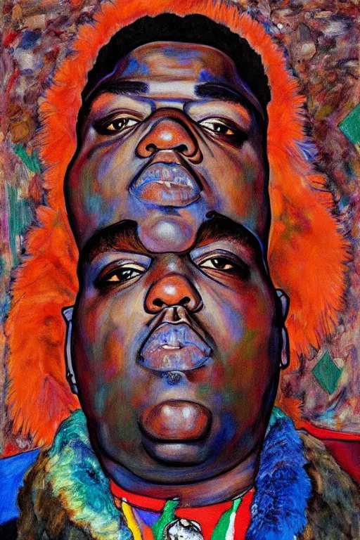 Image similar to a portrait of biggie smalls wearing boho - chic style clothes, with a fur muffler, full body!!, realistic painting in egon schiele style, masterpiece, hyperdetailed, complex, intricate, 4 k, hyperrealistic, trending on artstation