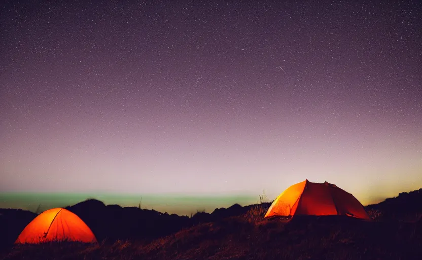 Prompt: night photography of a tent with nebulas in the sky