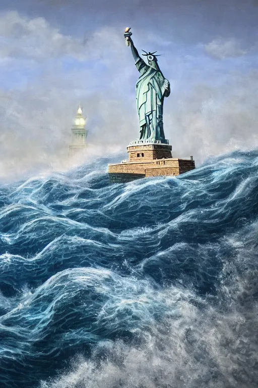 Prompt: the largest ocean wave in the world is about to hit the statue of liberty, oil on canvas, intricate, 8 k highly professionally detailed, hdr, cgsociety