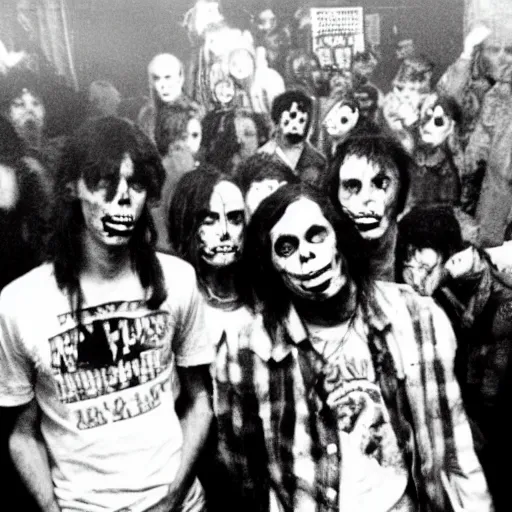 Prompt: zombies at a punk rock concert, grainy vintage photo from 1985, black and white