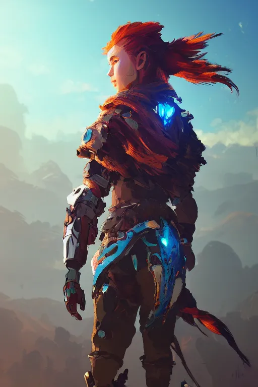 Image similar to combination suit armor aloy horizon forbidden west horizon zero dawn radiating a glowing aura global illumination ray tracing hdr fanart arstation by ian pesty and alena aenami artworks in 4 k tribal robot ninja mask helmet backpack