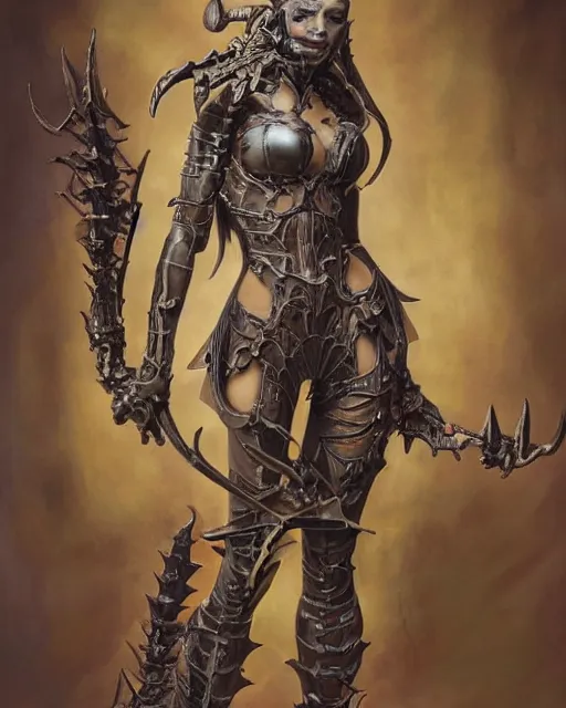 Image similar to portrait of a beautiful savage slaanesh creature female warhammer 4 0 k, wearing futuristic armor with spines horns mechanical parts, by norman rockwell