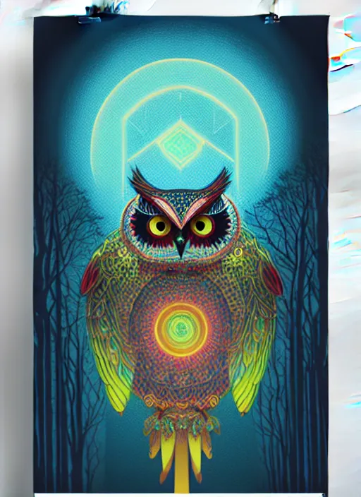 Prompt: symmetry!! product render poster vivid colors divine proportion owl, forest, glowing fog intricate, elegant, highly detailed, digital painting, artstation, concept art, smooth, sharp focus, illustration,