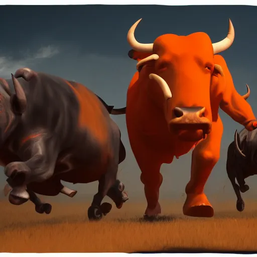 Image similar to man in orange t - shirt chased by big black bulls, artstation