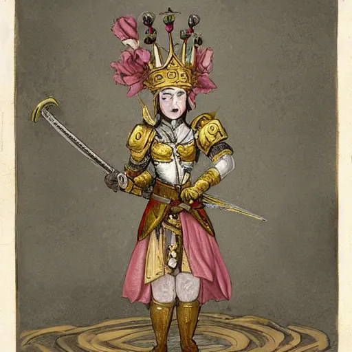Image similar to an anthropomorphic poppy flower wears an iron breastplate with a gilded crown crest on it, holding a sword and shield as if she's ready for battle, standing next to a large tree stump that seems to be made out of white marble or stone, digital art