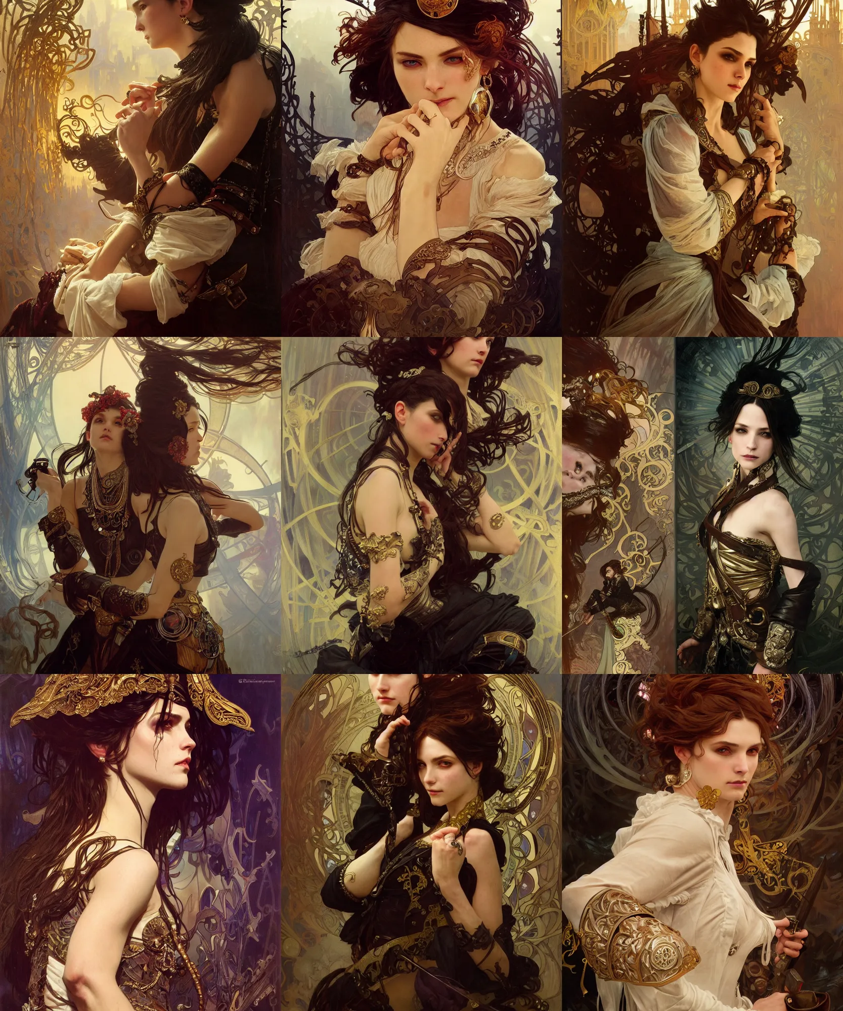 Prompt: intricate, 8 k highly professionally detailed, dark fantasy, dynamic lighting, cinematic, pristine, smooth, cosplay, elegant, sharp focus, a beautiful close up portrait of a pirate sitting with elegant looks, leather clothing, ornate costume and flowing magic all around, alphonse mucha and greg rutkowski,