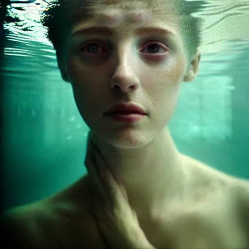 Prompt: close photographic portrait of a stunningly beautiful english renaissance female in deep murky water, caustics, soft focus, contemporary fashion shoot, hasselblad nikon, in a denis villeneuve and tim burton movie, by edward robert hughes, annie leibovitz and steve mccurry, david lazar, jimmy nelsson, extremely detailed, breathtaking, hyperrealistic, perfect face