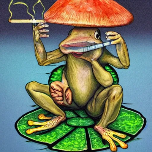 Image similar to humanoid frog sitting cross legged on a lilly pad playing a banjo and smoking a mushroom