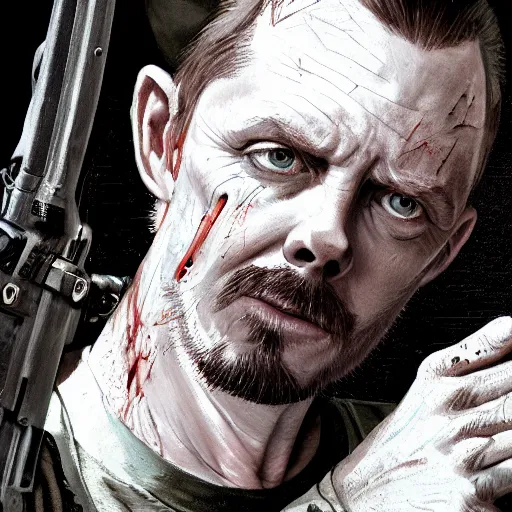 Image similar to simon pegg portrait, horror core, apocalyptic, winchester rifle in his hands, sharp focus, fiction, hyper detailed, digital art, trending in artstation, cinematic lighting, studio quality, smooth render, unreal engine 5 rendered, octane rendered, art style and nixeu and wlop and krenz cushart