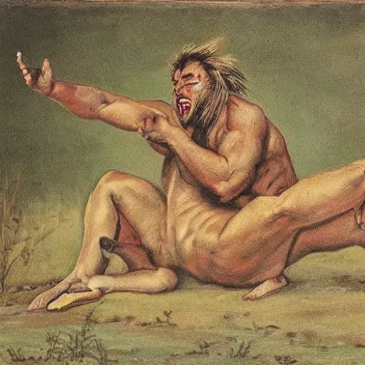 Prompt: man and lion wrestling Art