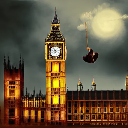 Prompt: A witch flying high in the sky using her broom stick,the Big Ben is in background, top down perspective,gloomy lighting,creepy atmosphere,digital art , highly detailed , high contrast, beautiful lighting, award winning , trending on art station, 8k, photo realistic