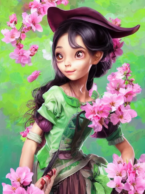 Image similar to Full shot of a cute mischievous young spring witch about to get up to some trouble with her playful bat familiar. Latin American fashion. Floral patterns. cherry blossoms. Pink and Lime Green palette. Magic. Latina girl. brown skin. defined facial features, symmetrical facial features. Smiling. By Ruan Jia and Artgerm and Range Murata and WLOP and Ross Tran and William-Adolphe Bouguereau. Key Art. Fantasy Illustration. award winning, Artstation, intricate details, realistic, Hyperdetailed, 8k resolution.