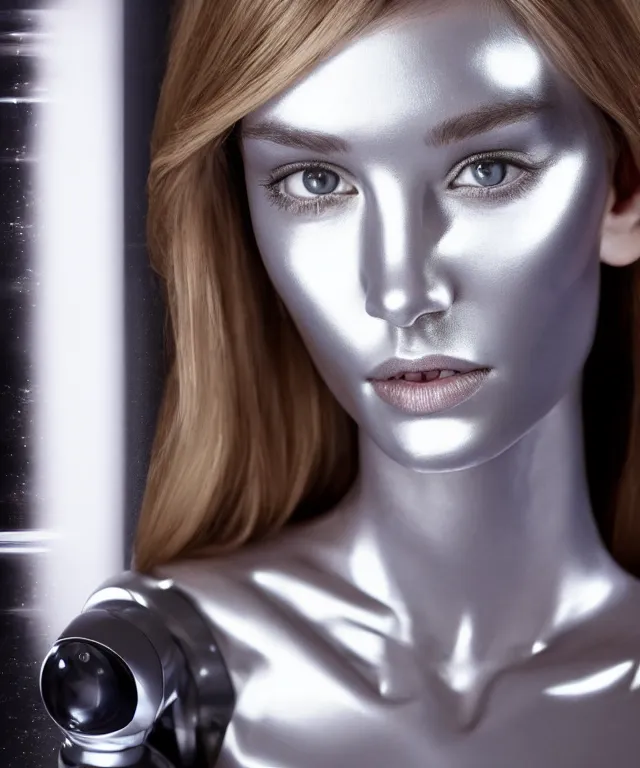 Prompt: realistic portrait of a silver robot is watching tv in front of the tv and the tv displays one victoria's secret model and the robot's face is partially morphed into an copy of the model, realistic, 4 k