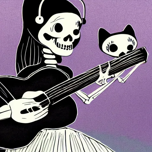 Image similar to skeleton wearing headphones watching girl playing guitar with her black cat standing next to her, digital art