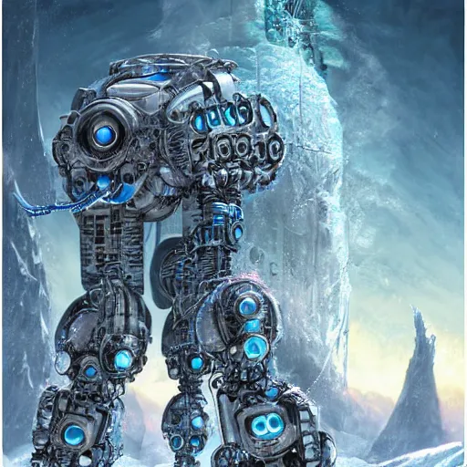 Image similar to elsa as a complex robotic monster, cyborg frozen robot with long fingers, snow planet, illustrative style, intricately detailed, frostpunk, Artwork by Ted Nasmith + Marc Simonetti + Studio Ghibli