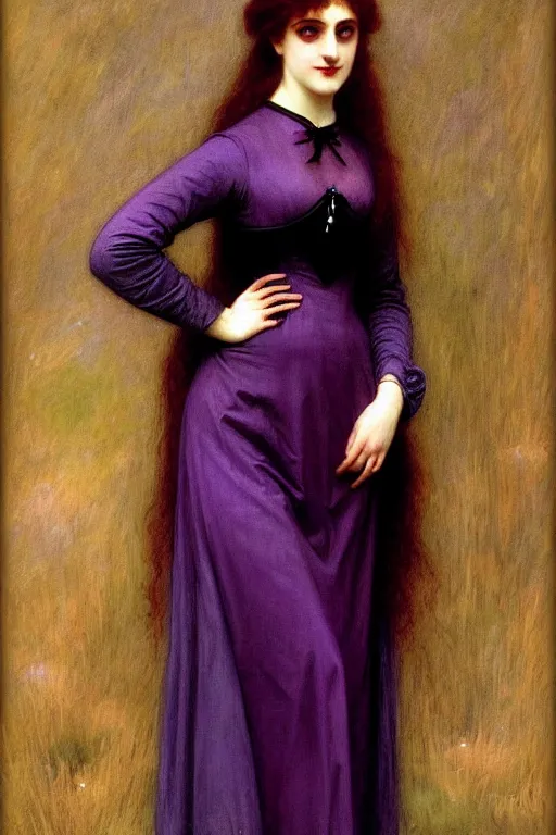 Prompt: victorian vampire in purple dress, painting by rossetti bouguereau, detailed art, artstation