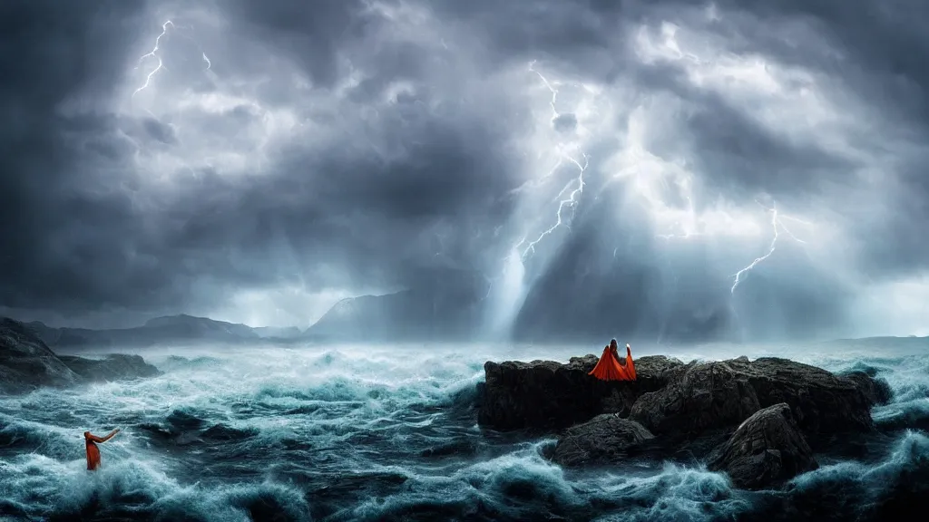 Image similar to wizard, norway fjord, natalie portman, hudson river school, max rive, stormy seas, white royal dress, f 1 6, bokeh, gentle, female, snowy, storm clouds, god rays, close up portrait, d & d, fantasy, elegant, teal orange color palette, concept art, roger deakins and greg rutkowski and alphonse mucha