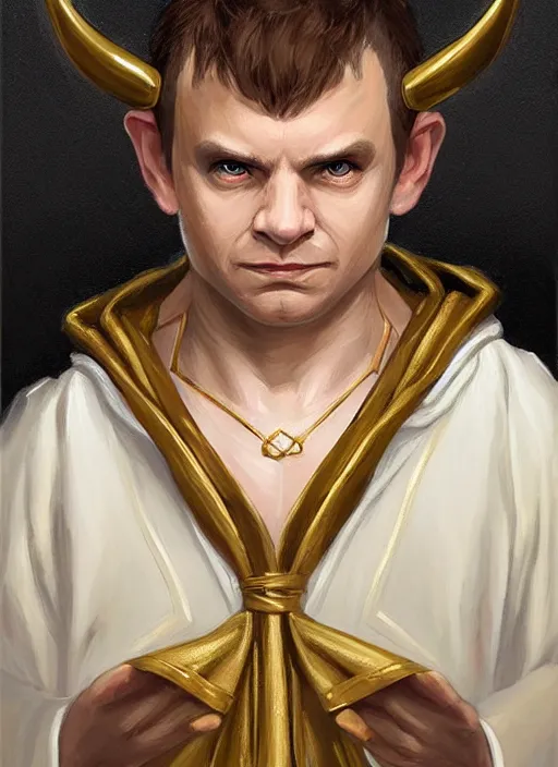 Prompt: symmetry!! oil painting digital art dungeons & dragons facial portrait of a halfling male cleric, white robe with gold accents, lponytail!!!, wry smirk, brown, gold and white cloak, necklace, elegant, highly detailed, digital painting, artstation, concept art, sharp focus, illustration, art by artgerm and greg rutkowski and alphonse mucha