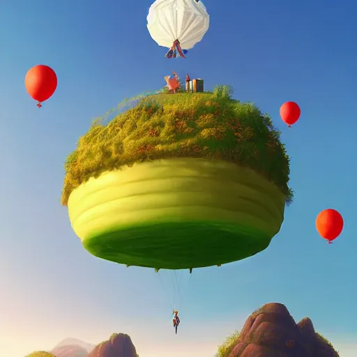 Image similar to a giant floating cake, with giant floating balloons above a beautiful landscape. digital art, highly - detailed, artstation cgsociety masterpiece