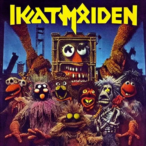 Image similar to animal the muppet on iron maiden album cover, 8 k resolution hyperdetailed scary heavy metal dystopian surrealism