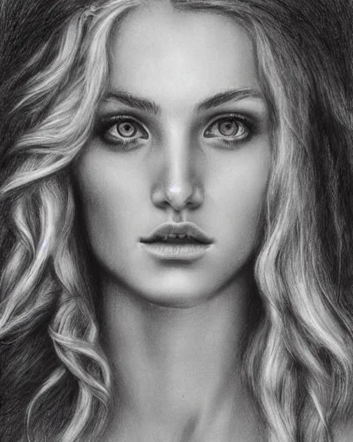 Image similar to pencil drawing of a beautiful greek goddess aphrodite with arrowhead jewelry, beautiful piercing eyes, beautiful blonde hair, hyper realistic face, in the style of greg rutkowski, fantasy, amazing detail, epic, elegant, smooth, sharp focus, from the front