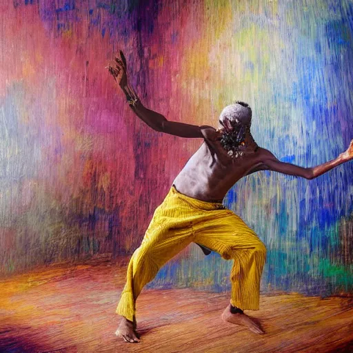 Image similar to east african man dancing inside a large photography studio by himself, intricate details, impressionist painting, figurative painting, happy, dreamy, pastel colors, studio ghibli