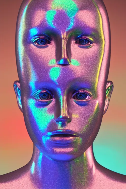 Image similar to 3d render of holographic human robotic bust made of glossy iridescent, bust, surrealistic 3d illustration of a human non-binary, non binary model, 3d model human, cryengine, made of holographic texture, holographic material, holographic rainbow, concept of cyborg and artificial intelligence
