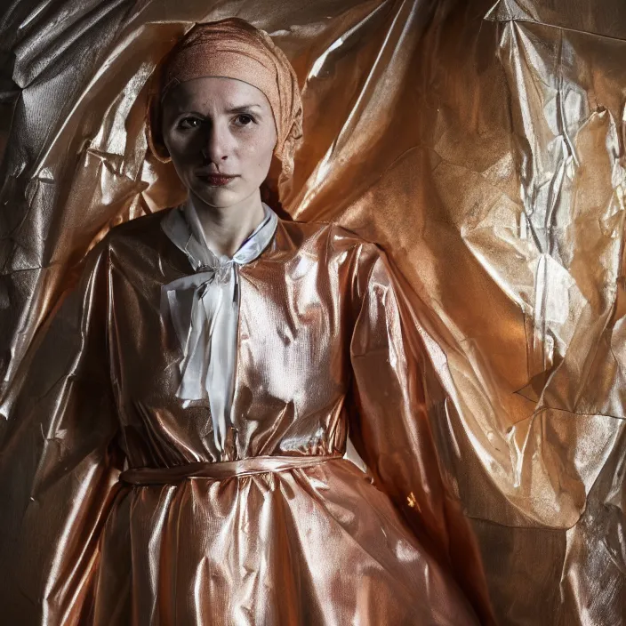 Image similar to closeup portrait of a woman wrapped in copper cellophane, standing in a derelict biology lab science, color photograph, by clemens ascher, canon eos c 3 0 0, ƒ 1. 8, 3 5 mm, 8 k, medium - format print