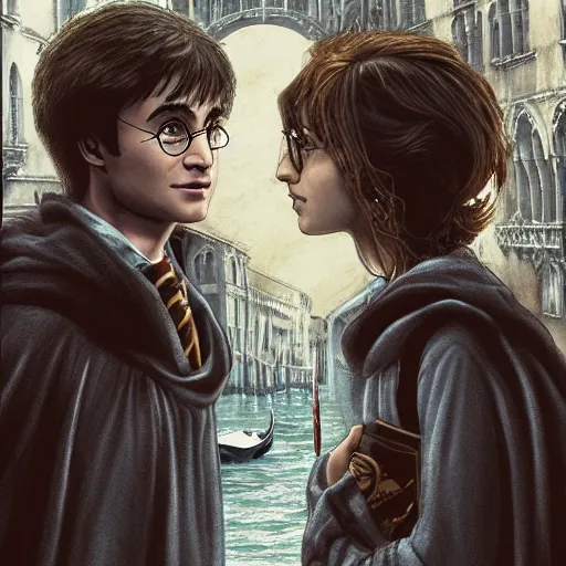 Image similar to Harry Potter and Hermione in Venice, symmetrical face, beautiful eyes, by Luis Royo, instagram photo, 4k, 8k, trending on artstation, artstationHD,