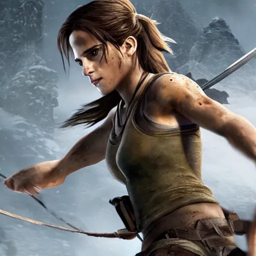 Prompt: Emma Watson as Lara croft tomb raider riding a tiger on an upcoming movie cover, cinematic lighting