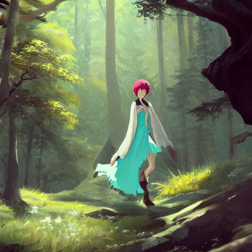 Image similar to concept art painting of a white demon wearing a turquoise dress, in the deep forest, realistic, detailed, cel shaded, in the style of makoto shinkai and greg rutkowski and james gurney