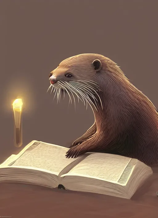 Image similar to cute Otter Student reading a book, unreal 5, concept art, trending on google