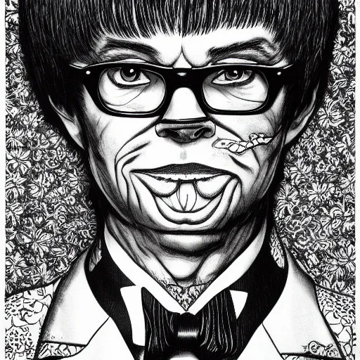 Prompt: a detailed portrait of Austin Powers in the style junji ito, 8k, ornate, intricate