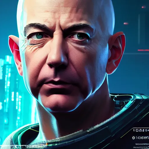 Prompt: front view, vicious, mad, ominous portrait of Jeff Bezos as a cyberpunk 2077 loading screen, symmetry, front view, intricate, studio, art by anthony macbain + greg rutkowski + alphonse mucha, concept art, 4k, sharp focus