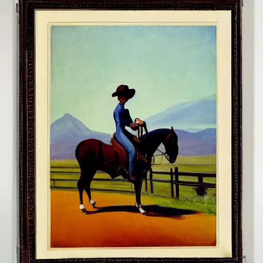 Prompt: Dolores in a cowboy hat on a horse, by Edward Hopper