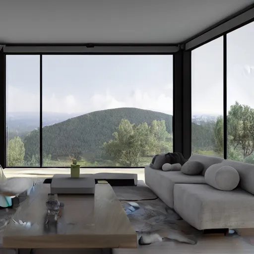 Image similar to modern open living room with big windows showing an amazing landscape on the background, organic architecture, interior design, minimalist furniture, octane render, high detail, 8 k, post production