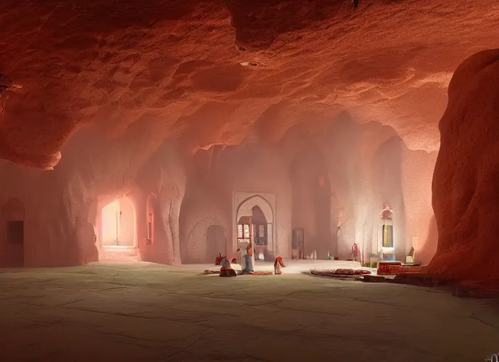 Image similar to a mosque inside a cave, red iranian mat, holy by caspar david friedrich by james gilleard and justin gerard, artstation, smooth, sharp focus, by jean baptiste, octane render