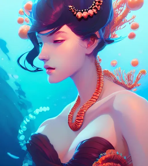 Image similar to portrait of a beautiful queen of the ocean with coral jewelry in complex and shiny dress made by jellyfish, by ross tran and atey ghailan, by greg rutkowski, by greg tocchini, by james gilleard, by joe fenton, by kaethe butcher, dynamic lighting, grunge aesthetic