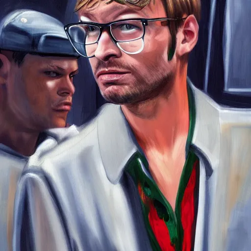 Image similar to jeffrey dahmer using gucci inmate clothes in catwalk court, oil painting, ultradetailed, digital painting, ultradetailed