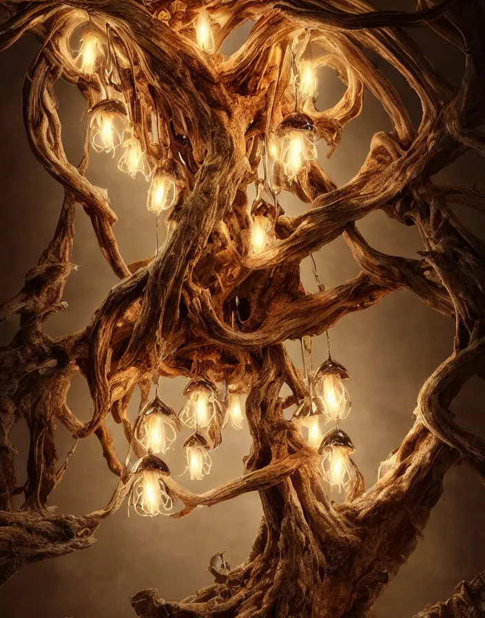 Prompt: a beautiful macro photography on a rotten stump is a small family of conical oyster mushrooms are drawn to broken cracked old disassembled detailed magical shiny cross hanging on the wall, hyper detailed, warm volumetric lights, made by gerald brom and mike winkelmann, photorealism