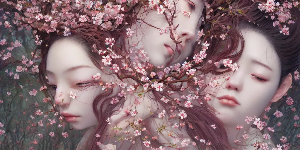 Prompt: breathtaking detailed concept art painting of the kissing goddesses of cherry blossom flowers, orthodox saint, with anxious, piercing eyes, ornate background, amalgamation of leaves and flowers, by Hsiao-Ron Cheng, James jean, Miho Hirano, Hayao Miyazaki, extremely moody lighting, 8K