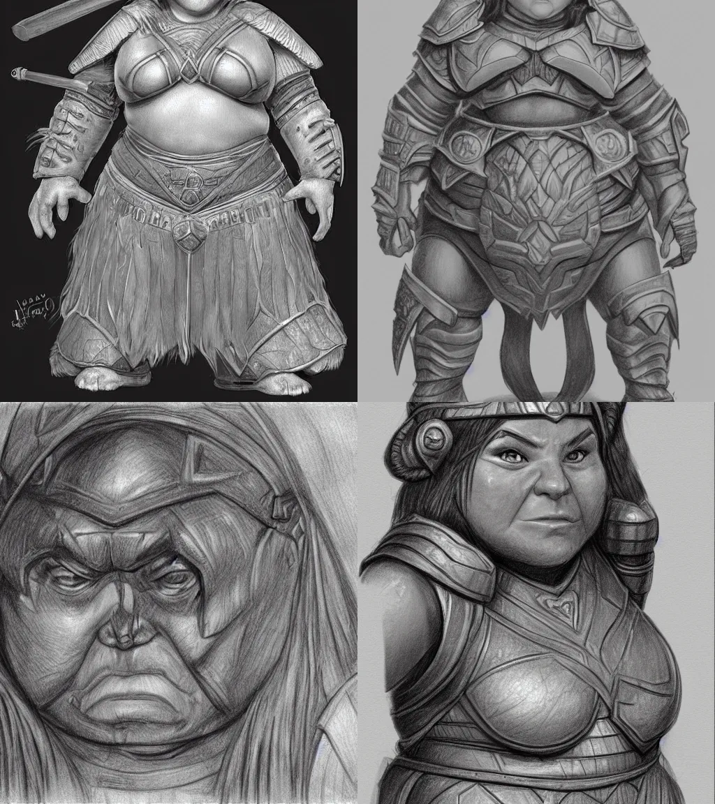 Prompt: robust chubby female dwarven warrior | pencil sketch | hyperdetailed | frontal view |