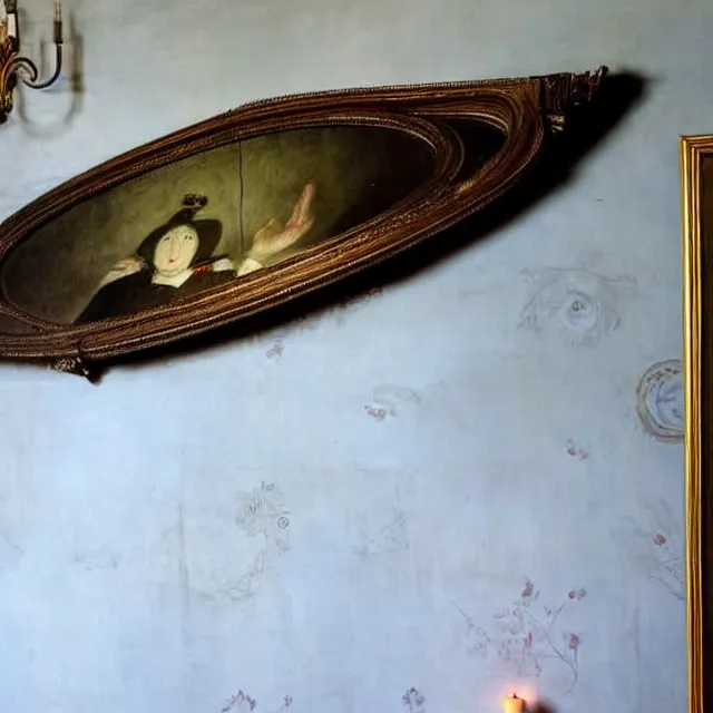 Prompt: a wall with antique wallpaper, in the center an oval painting depicting a victorian lady posing, under a fireplace with lighted candles on it, dark, disturbing atmosphere, highly detailed, unsettling, realistic oil painting honore daumier