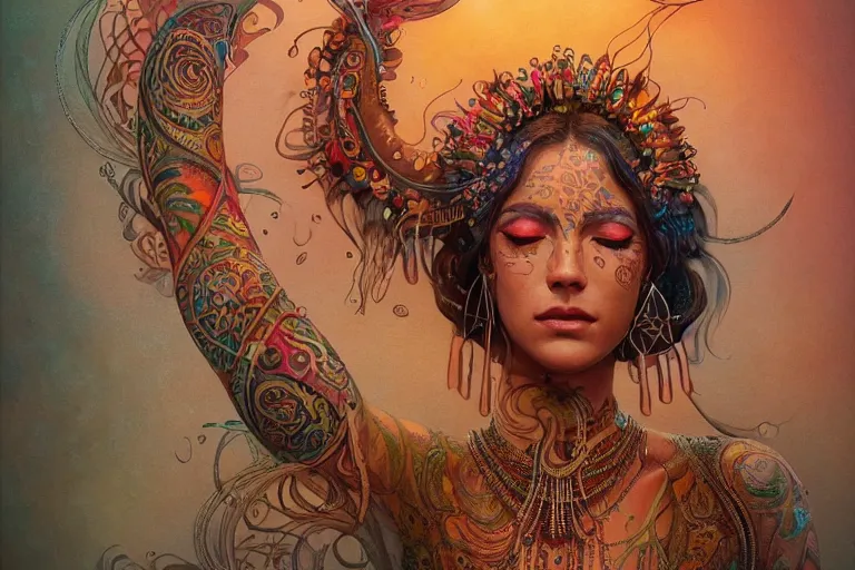 Image similar to a centered render of a alluring festival hippie with tribal tattoos surrounded by a underwater ink pour and flowing liquid galium and sacred geometry, perfect body face and hands, powerful, cinematic, beautifully lit, by artgerm, by karol bak, by donato giancola, by beeple, 3 d, trending on artstation, octane render, 8 k