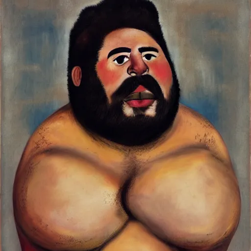 Image similar to portrait of a fat hairy wrestler with a dark furry jacket in the style of frida kahlo and robert rauschenberg