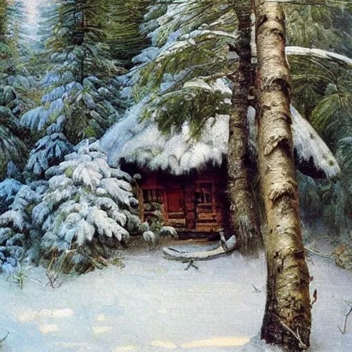 Prompt: small cottage in the forest by ivan shishkin, oil on canvas, highly detailed, whimsical, fantasy