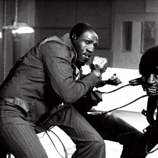 Prompt: John Shaft fights a briefcase full of Xenomorphs